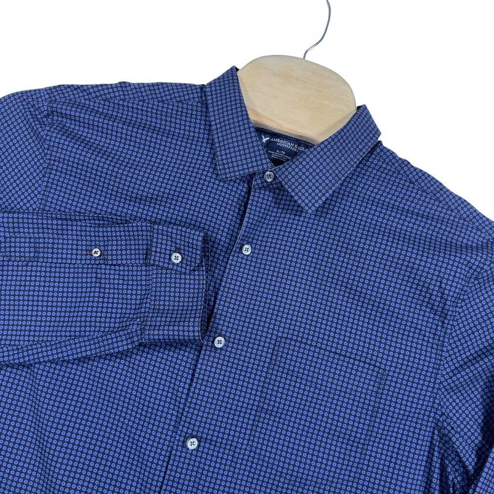 American Eagle Mens‎ Slim Fit Long Sleeve Button Down Shirt Blue Geometric XL